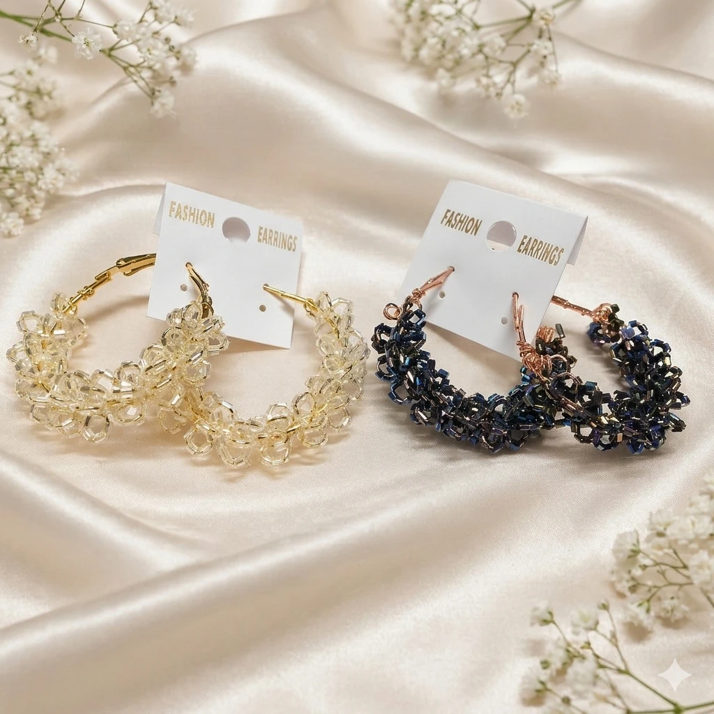 Luxury Crystal Beaded Hoop Earrings for Women – Elegant Gold & Iridescent Statement Hoops | Trendy Fashion Party Wear Earring Combo