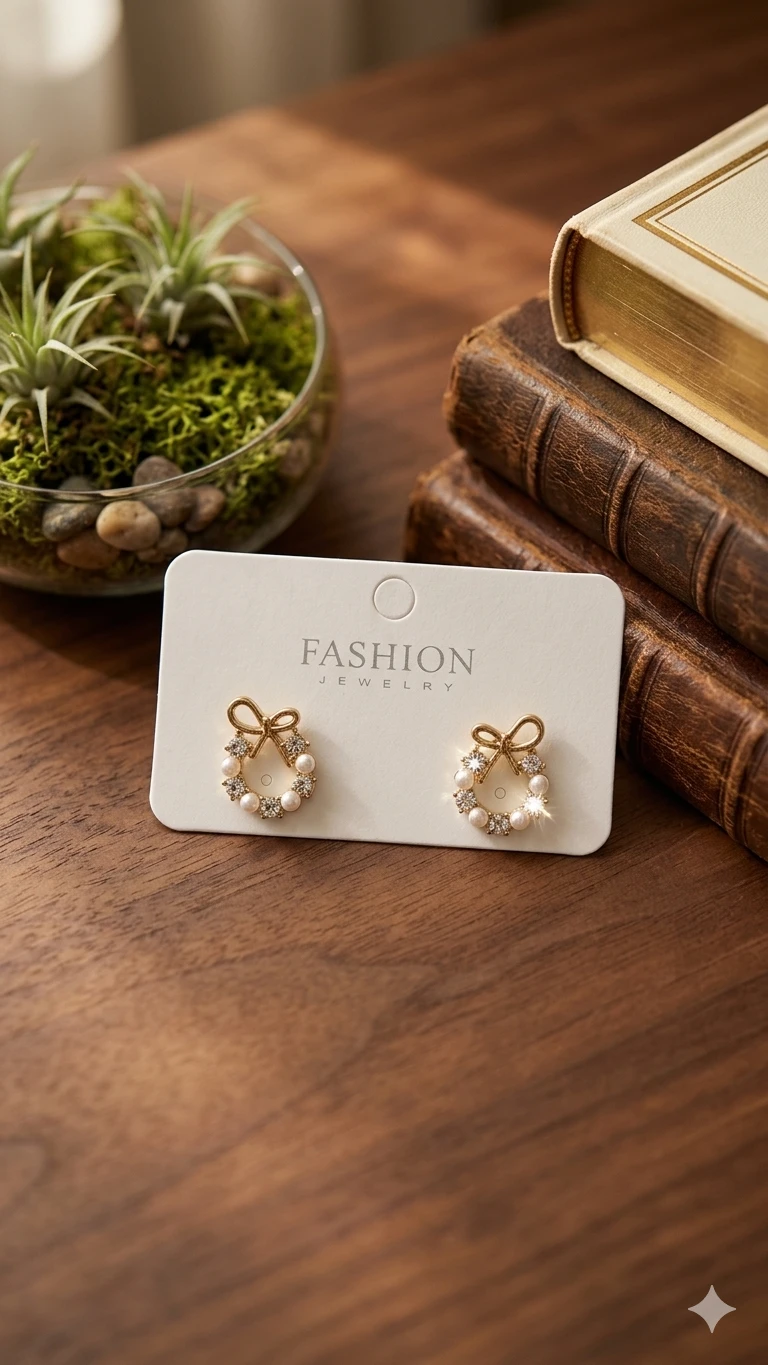 Elegant  Korean Gold Bow Pearl Crystal Stud Earrings – Cute Vintage Knot Design Party & Daily Wear Earring For Girl's And Women's