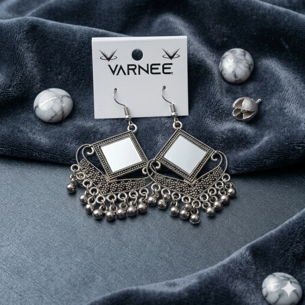 Elegant Oxidized Silver Mirror Square Dangle Earrings with Ghungroo Tassels | Ethnic Boho Statement Jewelry for Women