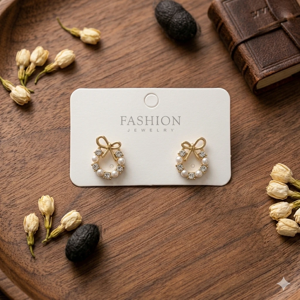 Luxury Korean Style  Gold Plated Pearl Bow Wreath Stud Earrings for Women and Girls | Elegant Crystal Zirconia Ribbon Circle Earrings | Fancy Party Wear & Daily Office Wear Earring Gift