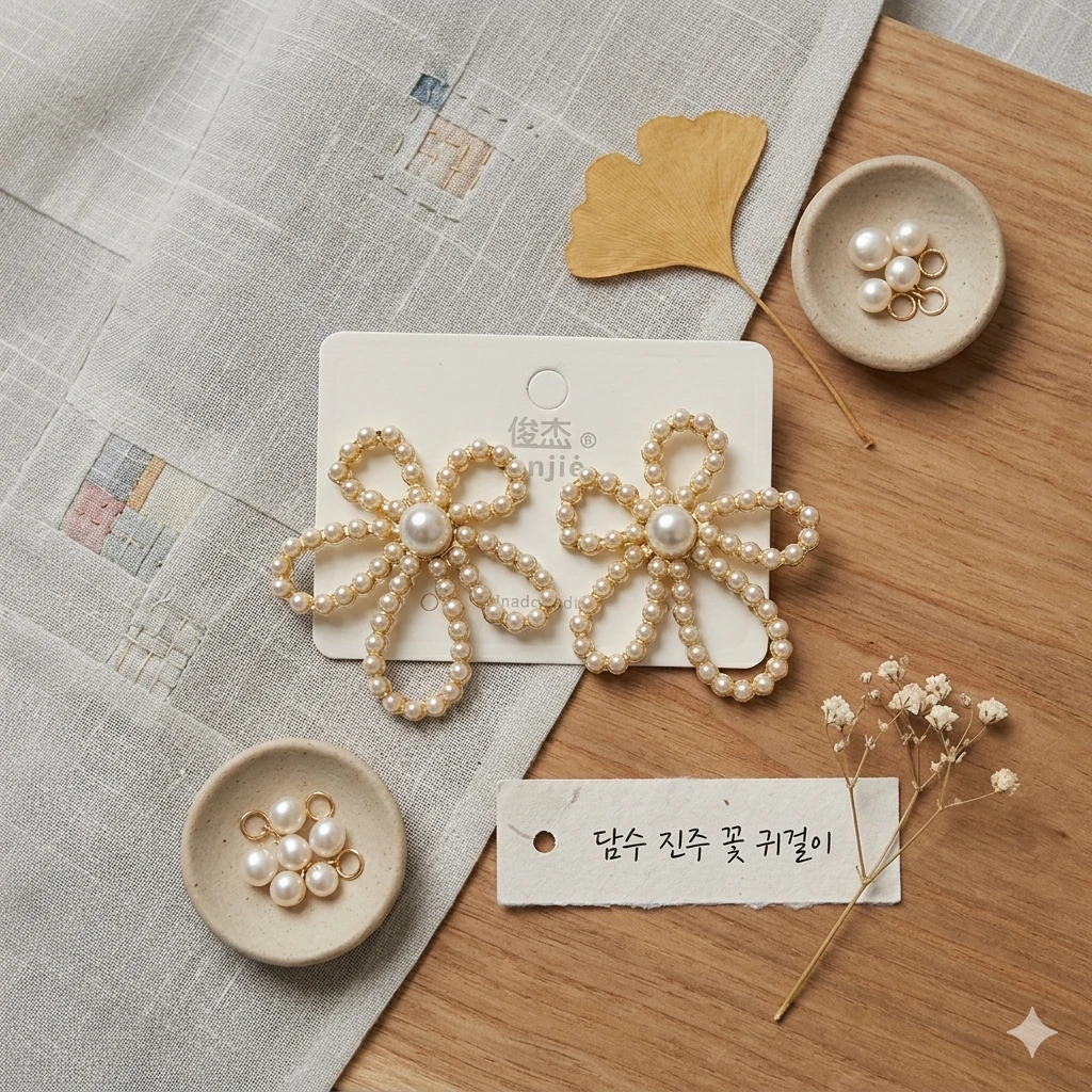 Luxury Korean Pearl Flower Drop Earrings – Elegant 5-Petal Daisy Statement Jewelry for Women, Wedding & Party Wear Accessories