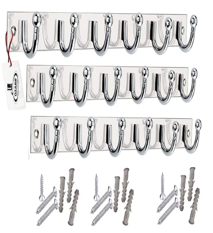 ONJECX Stainless Steel Premium Range 6 Pin Goli Cloth Hanger Wall Mounted Bathroom Cloth Hanger,Cloth Wall Hook,Door Hooks Rail for Hanging Keys,Clothes,Towel Khunti GHS06SS3 (Pack of 3)