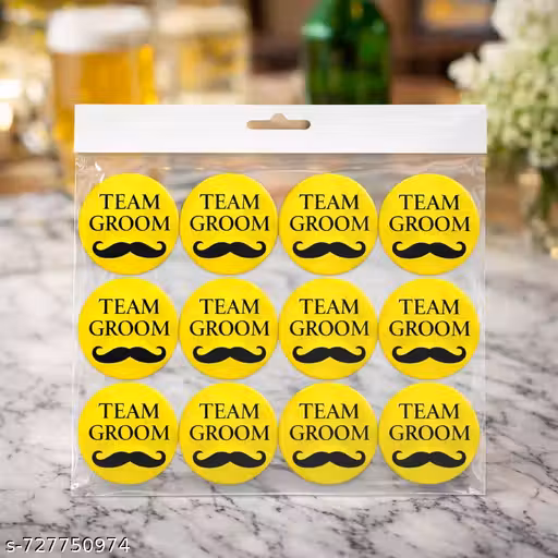 Team Groom Yellow Badge Brooch Set for Wedding | Groom Squad Mustache Button Pins (Pack of 12)
