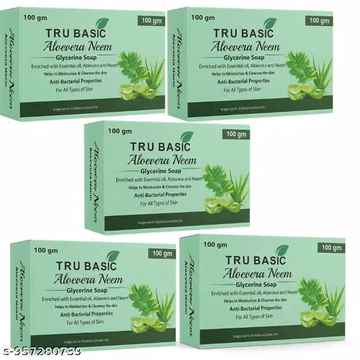Tru Basic Aloe Vera Neem Bath Soap | Herbal Cleansing Soap for Healthy & Refreshed Skin | Suitable for Daily Use | Pack of 5 (100g Each)