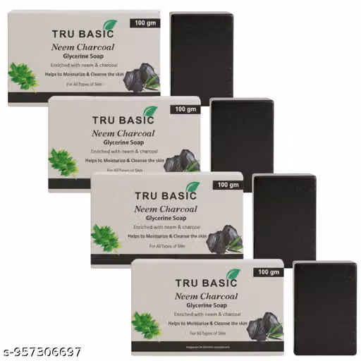 Tru Basic Neem Charcoal Soap Pack of 4 | Activated Charcoal & Neem Bath Soap | Deep Cleansing, Oil Control & Refreshing Skin Care for Men & Women