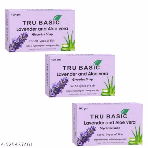 Tru Basic Lavender & Aloe Vera Glycerine Soap | Hydrating and Calming Bath Soap | Enriched with Aloe Vera & Lavender Extract | For All Skin Types | Pack of 3 (100g each)