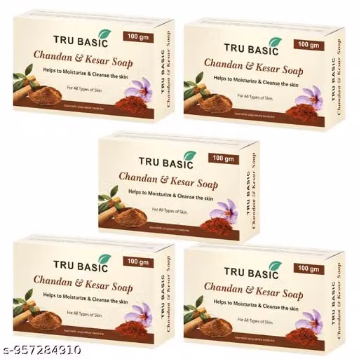Tru Basic Chandan & Kesar Bath Soap | Sandalwood & Saffron Soap for Glowing and Refreshed Skin | Gentle Daily Cleansing Soap | Pack of 5 (100g Each)