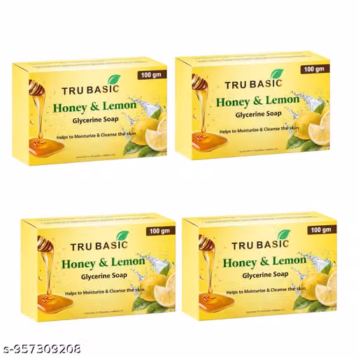 Tru Basic Honey & Lemon Bath Soap | Refreshing & Nourishing Soap for Soft and Healthy-Looking Skin | Gentle Daily Cleansing Soap | Pack of 4 (100g Each)