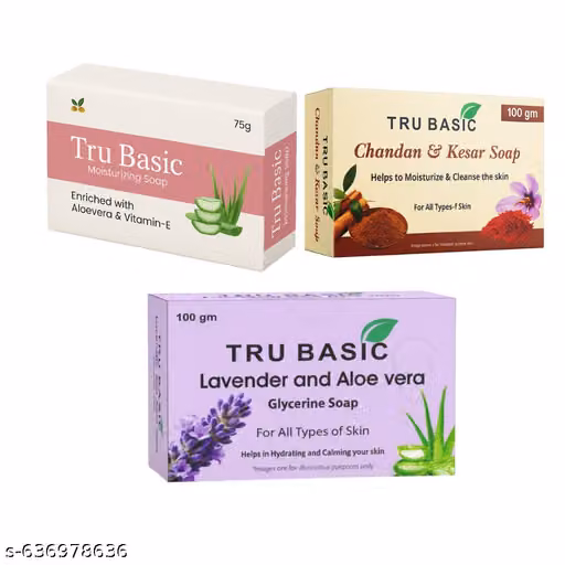 Tru Basic Soap Combo Pack – Moisturising, Chandan Kesar, Lavender Aloe Vera – Gentle Nourishing Bath Soap, For Glowing Skin | Pack of 3