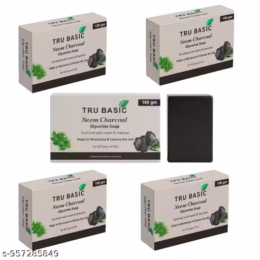 Tru Basic Neem Charcoal Bath Soap | Deep Cleansing Herbal Soap with Neem & Activated Charcoal | Oil Control & Refreshing Bath Soap | Pack of 5 (100g Each)