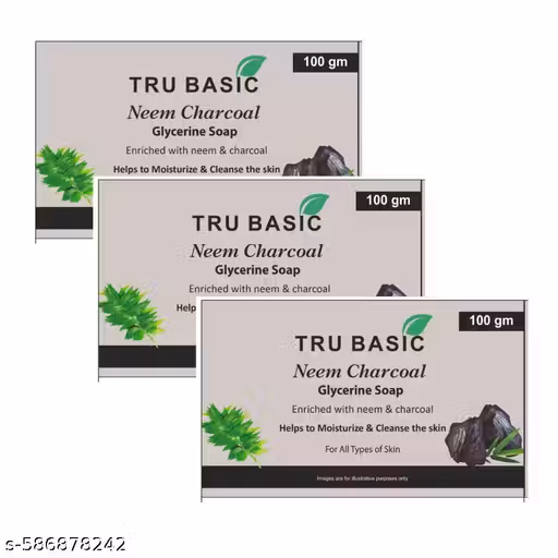 Tru Basic Neem Charcoal Glycerine Soap - 100g | Herbal Soap for Clear & Fresh Skin | Enriched with Neem & Activated Charcoal | Pack of 3