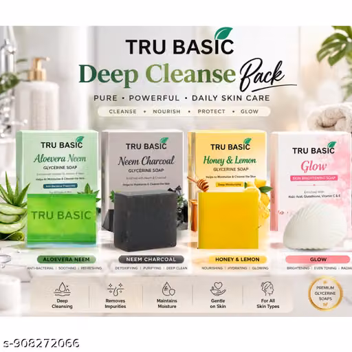 Deep Cleanse Soap Combo Pack of 4 | Neem Charcoal, Aloe Vera Neem, Honey Lemon & Glow Soap | Detox, Oil Control & Skin Purifying Bath Soaps