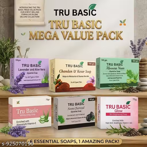 Tru Basic Bath Soap Combo Pack of 6 | Herbal & Ayurvedic Soaps with Neem, Aloe Vera, Charcoal, Chandan Kesar, Lavender, Vitamin E | Skin Brightening & Deep Cleansing Soap Set