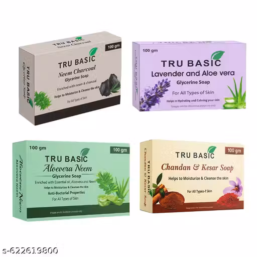 TRU BASIC Family Glycerine Soap Bar — Aloe Vera Lavender | Neem Charcoal | Aloe Vera Neem | Chandan & Kesar — Hydrating, Gentle Cleanse for Face & Body, For All Skin Types | Pack of 4 | 400 g