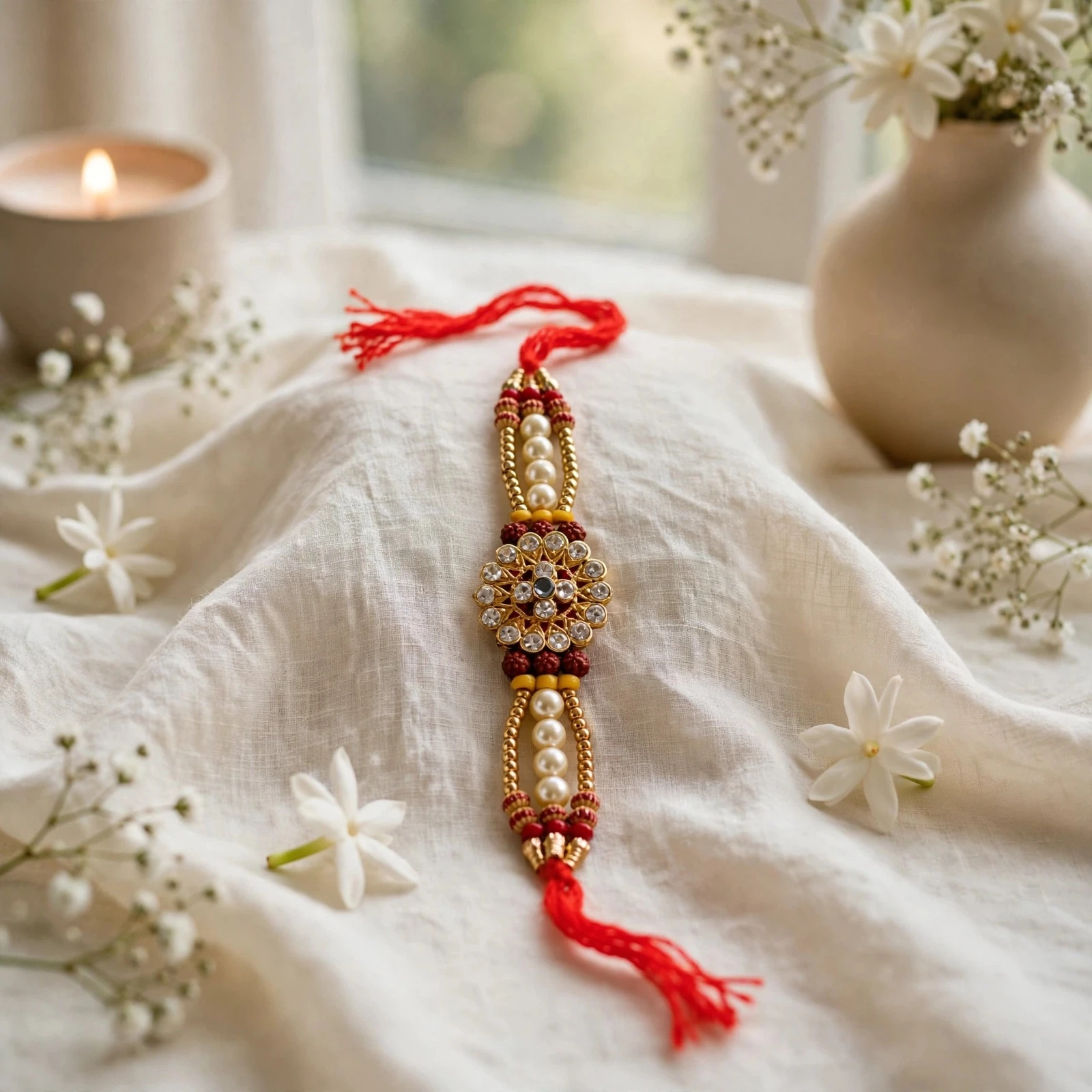 Brother Rakhi | Kundan Pearl Designer Rakhi with Elegant Stone Work for Raksha Bandhan