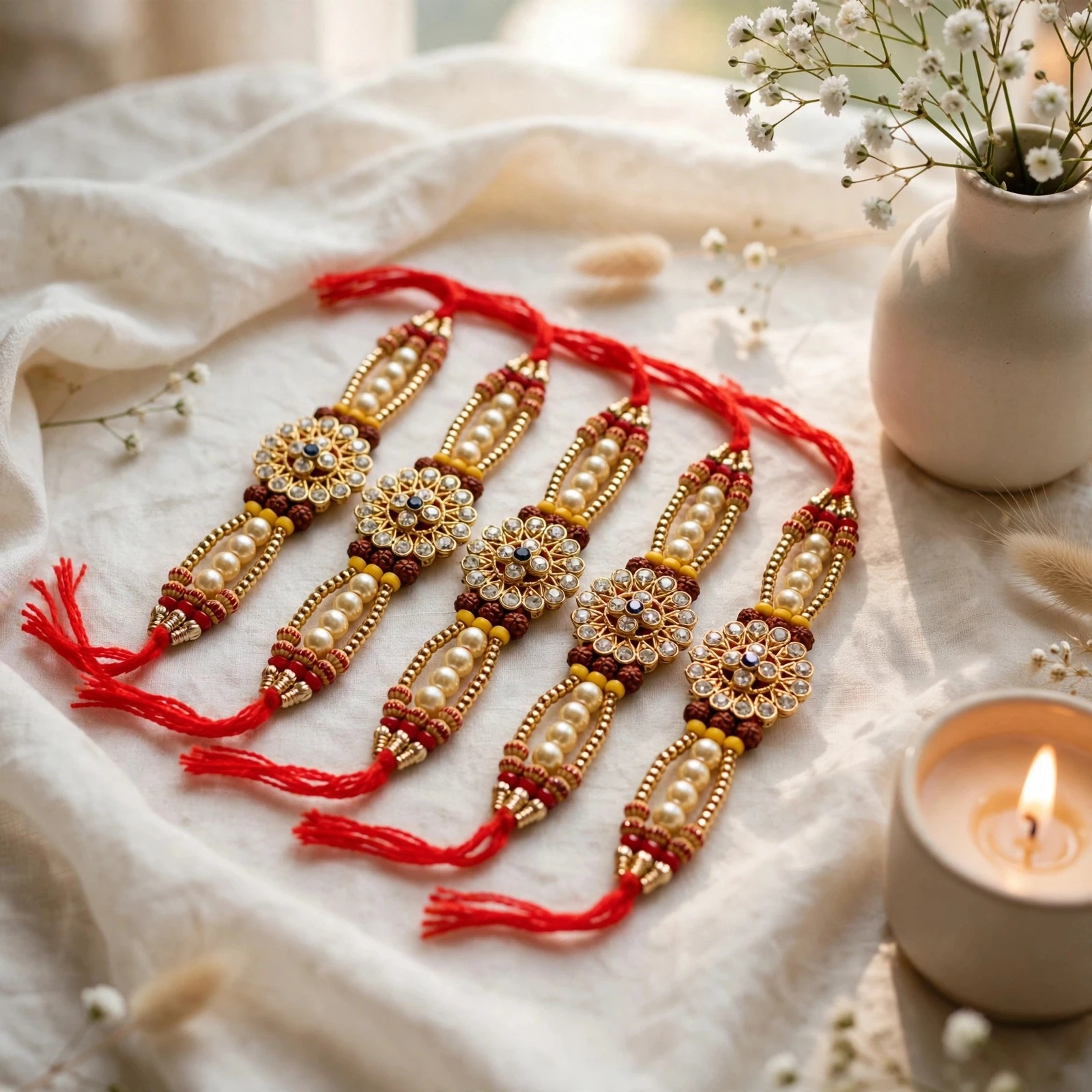 Rakhi for Brother Combo Set | Kundan Pearl Designer Rakhi Set with Red Thread & Stone Work (Pack of 5)