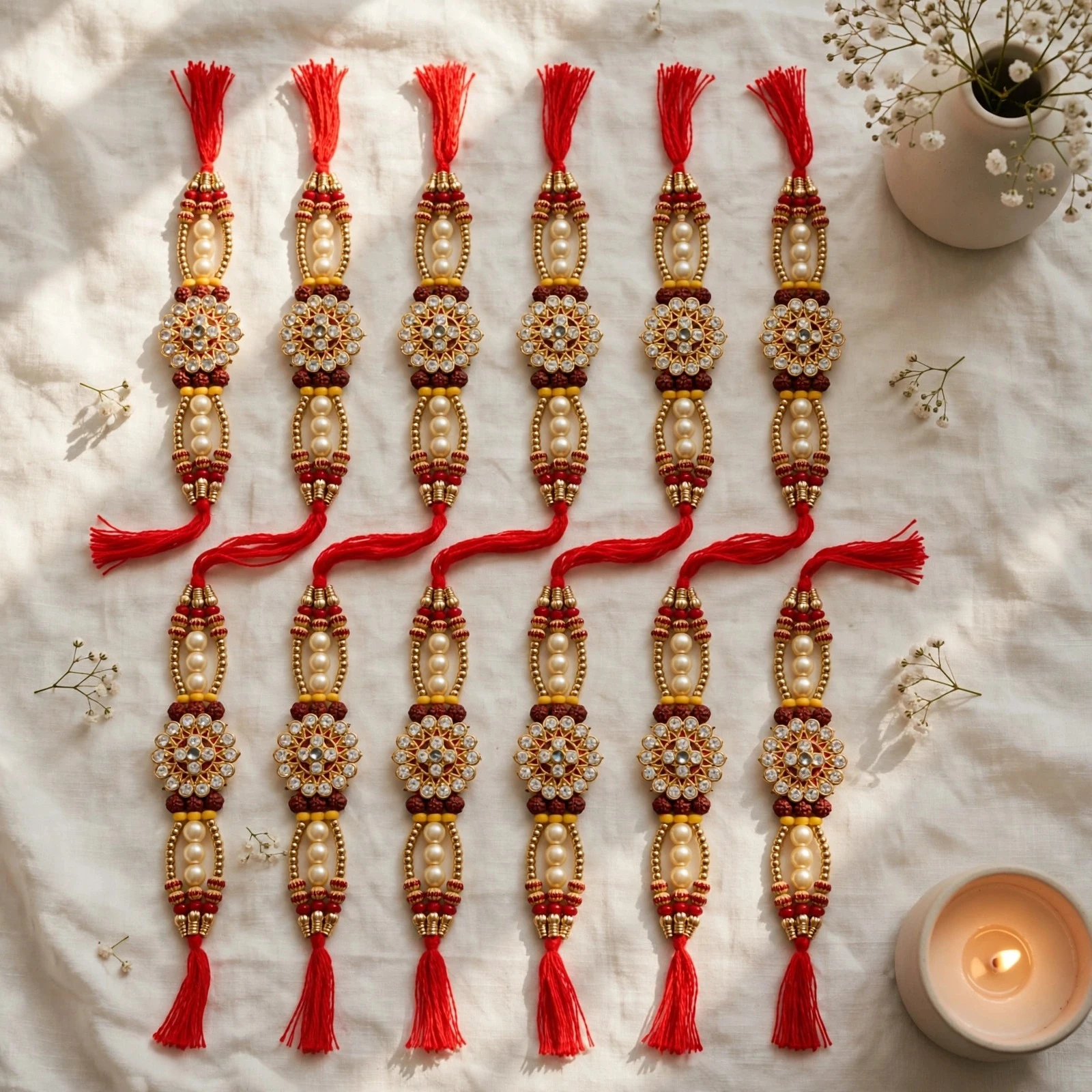 Rakhi for Brother | Kundan Pearl Designer Rakhi Combo Set with Stone Work & Red Thread Design (Pack of 10) for Raksha Bandhan