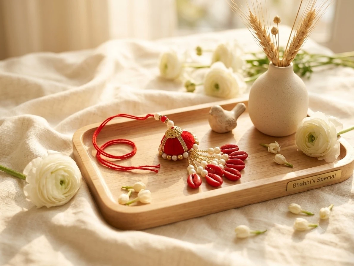 Rakhi Lumba for Bhabhi | Designer Pearl Lumba Rakhi with Red Thread & Beads