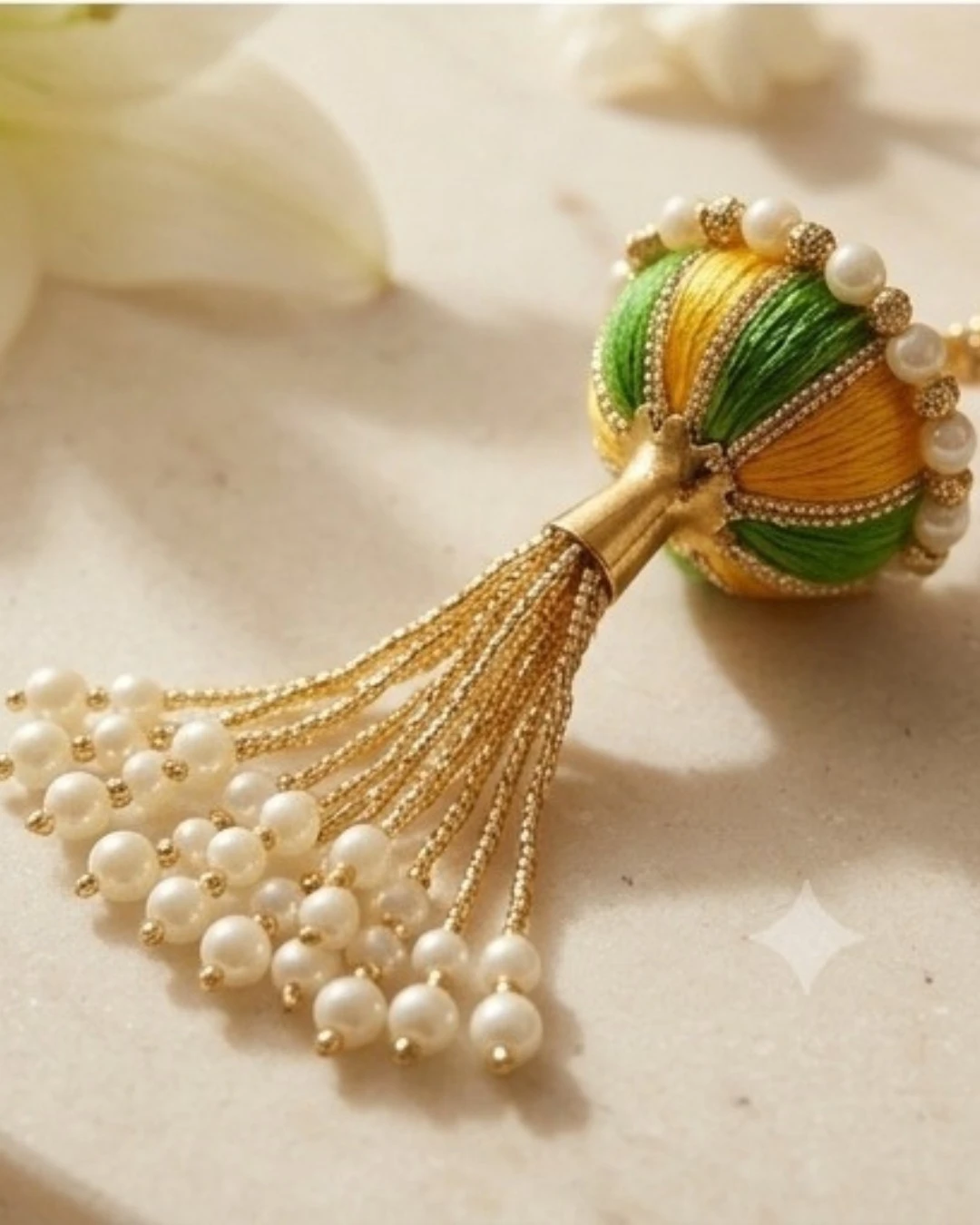Lumba Rakhi for Bhabhi – Mustard Green Pearl Designer Lumba Rakhi