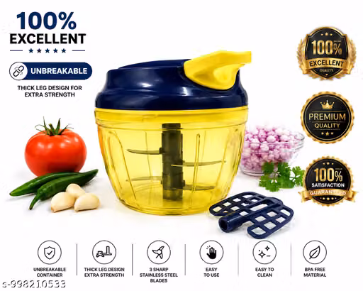 2-in-1 Manual Pull Chopper 550 ML with 3 Stainless Steel Blades | Unbreakable Vegetable & Fruit Cutter | Hand Vegetable Chopper & Mixer