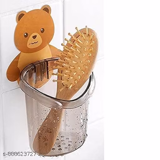 Self Adhesive Wall Mounted Teddy Bear Toothbrush Holder Cup | Multipurpose Bathroom Organizer Stand for Toothpaste, Comb & Brush (Grey Pack of 3)