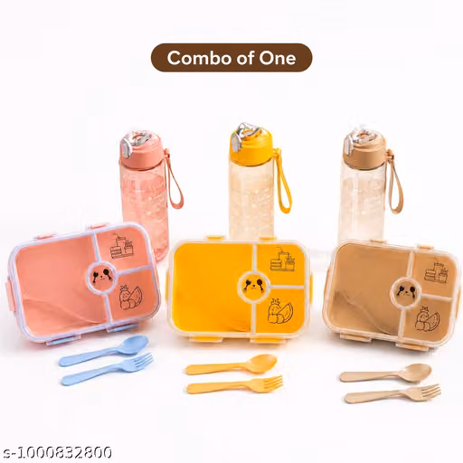 4 Compartment Lunch Box with Leakproof Water Bottle, Spoon & Fork Combo | BPA Free Lunch Box Set (3 Color Variants)