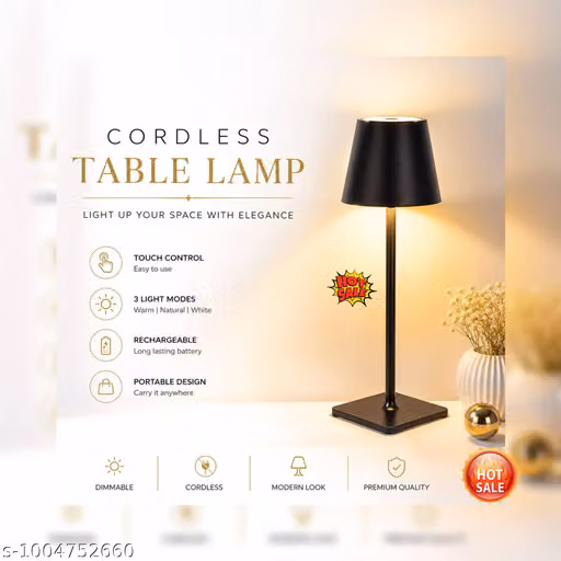 Luxury Rechargeable Cordless LED Table Lamp | Touch Control Dimming Light with 3 Modes & USB Type-C Charging for Bedroom, Restaurant & Office (Black)