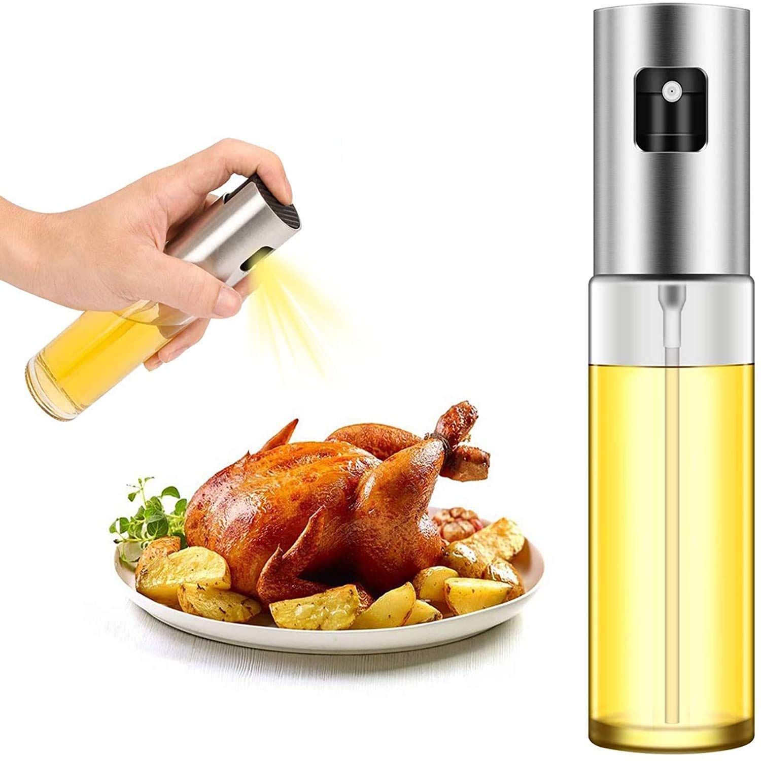 Oil Sprayer for Cooking, Refillable Stainless Steel Oil Dispenser with Mini Funnel, Vinegar Glass Spray Bottle for BBQ, Salad, Baking, Grilling, Roasting and Frying