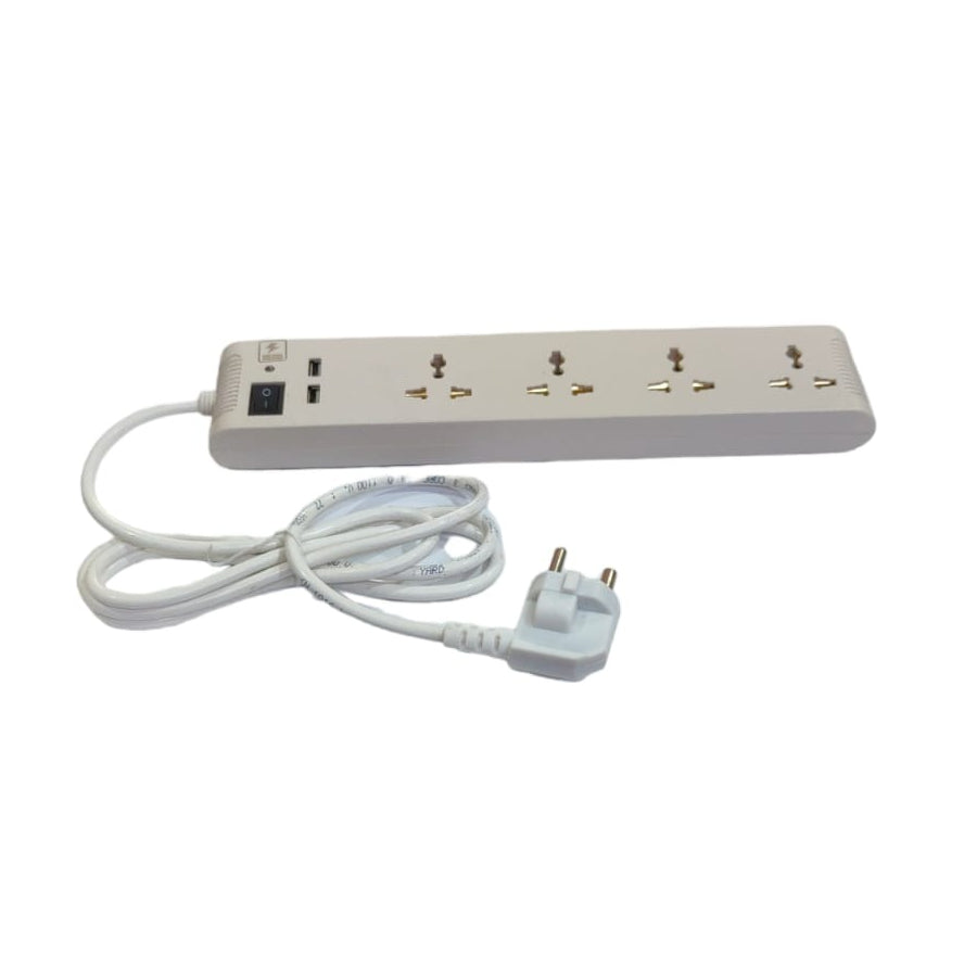 4 Switch 2 USB Ports Extension Board with Spike and Surge Protection, Extension Board with Insulated Wire, 4 Sockets & 1 Switch 3 core Long 195 cm Wire 6 A with 3 Pin Wall Plug