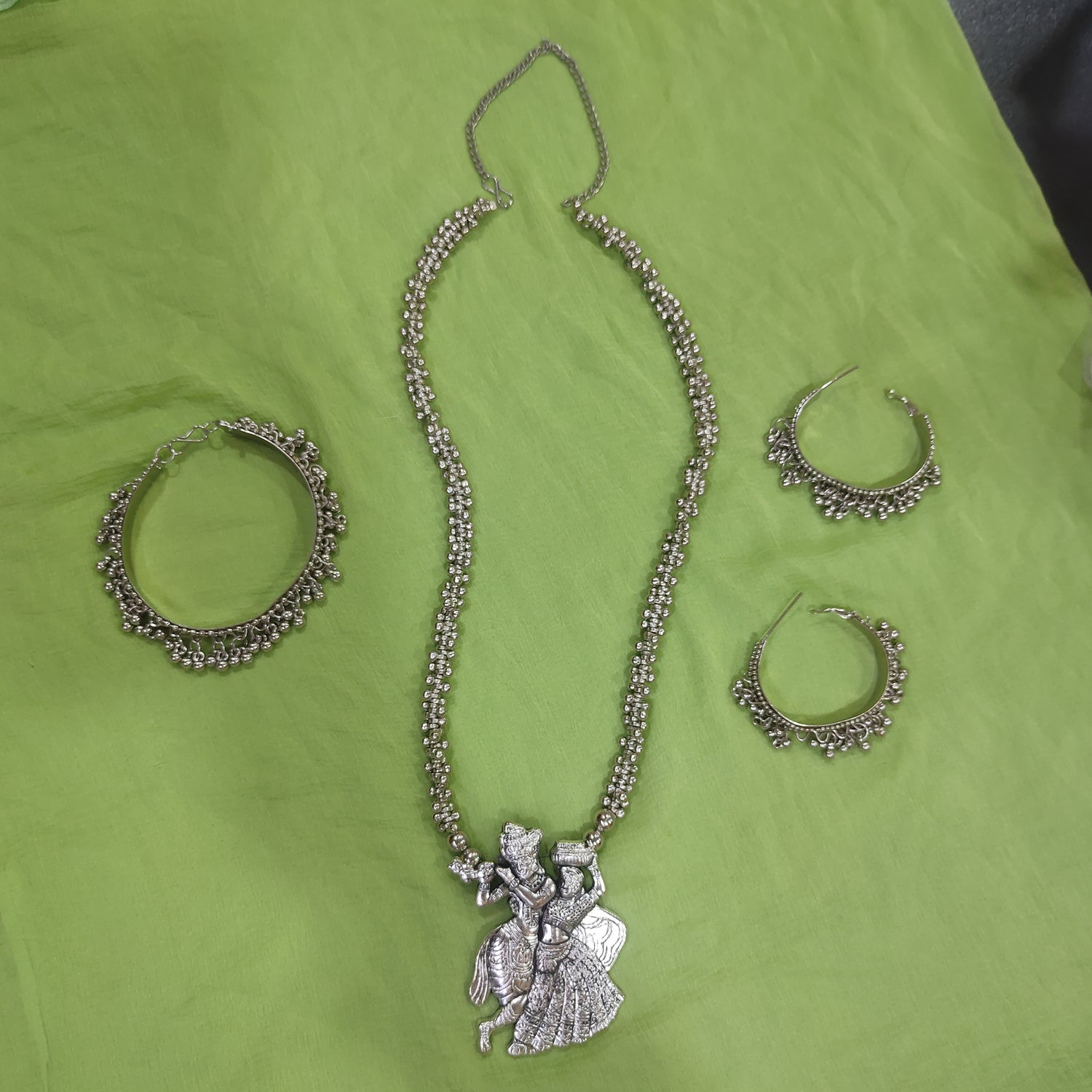 Oxidized Silver Plated Radha Krishna Choker Necklace Set with Jhumka Earrings for Women