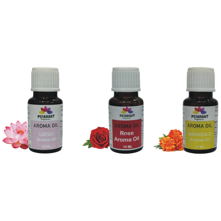 Pujahaat Lotus, Rose and Marigold Aroma Oil for Aromatherapy oils, Oil for diffusers, Humidifier oils, Oil Burners, Spa and Air Purifier 10ml Each - Set of 3 (3 x 10 ml) AO9