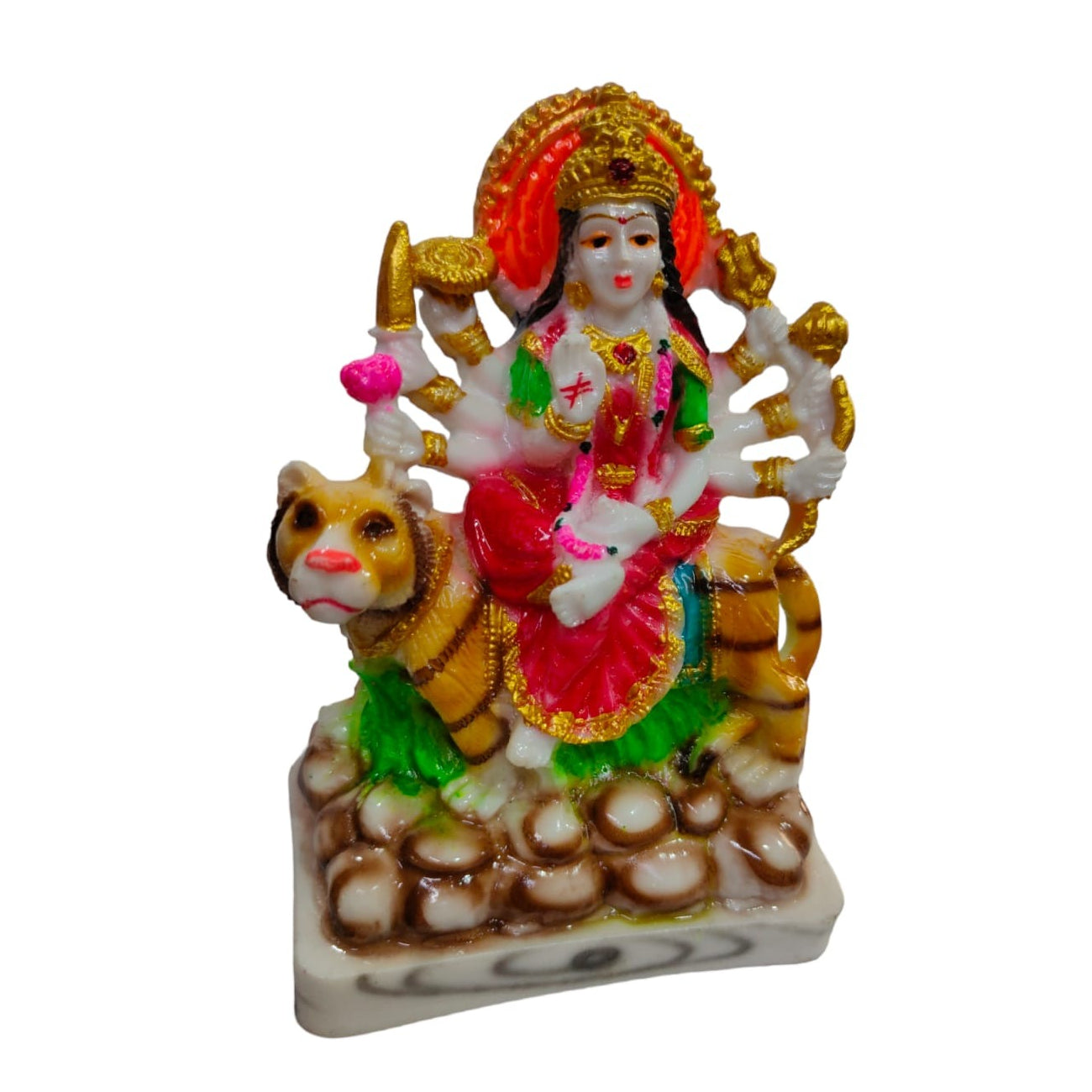 Mata Durga on Lion Idol Handcrafted Handmade Marble Dust Polyresin for Home, Temple, Car Dashboard -12 cm MS-1