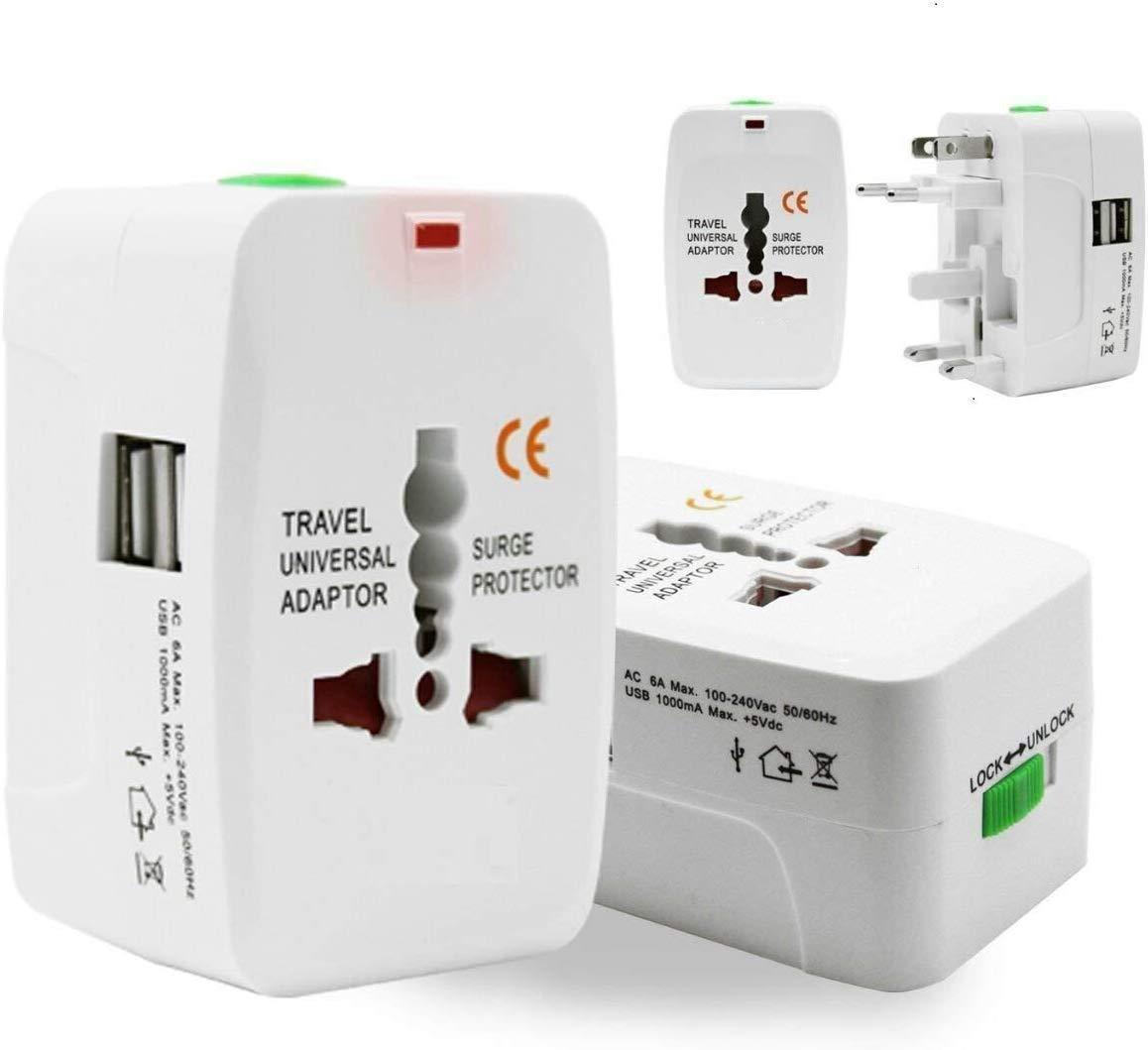 Universal Adapter Worldwide Travel Adapter with Built in Dual USB Charger Ports with 125V 6A, 250V Protected Electrical Plug (White)