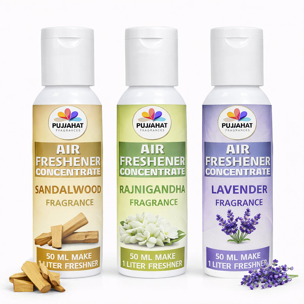 Sandalwood, Rajnigandha, Lavender Air Freshener Concentrate Set of 3 (50ml Each) Makes 1 Liter Each | Long Lasting Room Freshener Liquid | Fragrance Combo for Home, Office, Car | Alcohol-Free Premium Fragrance by Pujahaat