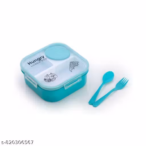 Hungry Lunch Box with Transparent Lid | 4 Compartment Leak Proof with Spoon, Fork & Sauce for Kids & Adults | Ideal for Office, School & Travel (TURQUOISE BLUE)