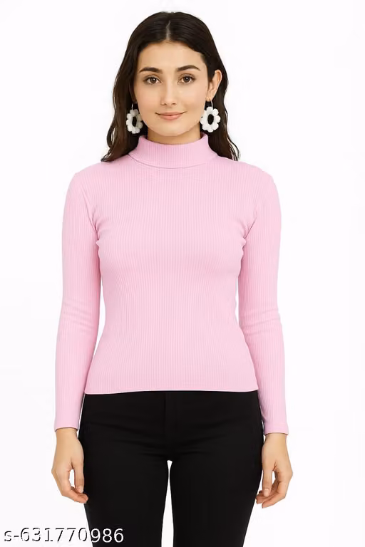 Women’s Slim Fit High Neck Rib Knit Top Basic High Neck Long Sleeve Top for Daily Wear