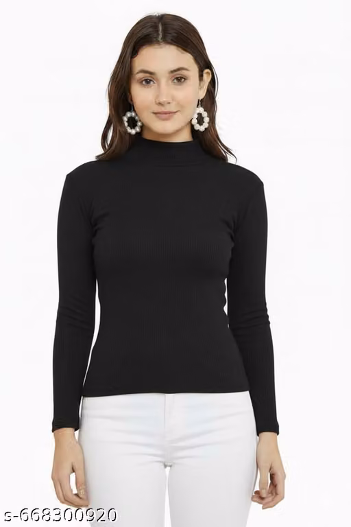 Women’s Slim Fit High Neck Rib Knit Top Basic High Neck Long Sleeve Top for Daily Wear