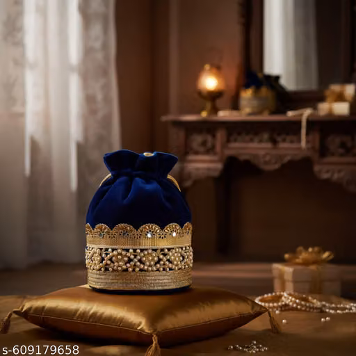 Allijo Royal Blue Velvet Potli Bag | Embroidered Ethnic Drawstring Clutch with Pearls