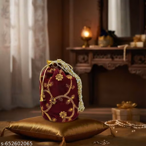 ALLIJO Royal Maroon Velvet Potli Bag - Embroidered Ethnic Batua for Weddings & Festivals