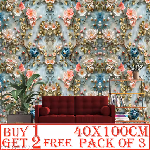 SUNRISES WALLPAPER 100x40 cmFREE FREE FREE BUY 1 Get 2 FREE Luxury Wall Stickers Rolls For Home Sticky Wallpapers For Bedroom Stickers (Blue Flower) | (40x100)cm Oil Proof and Water Proof Self Adhesive Wallpaper (Pack of 3)