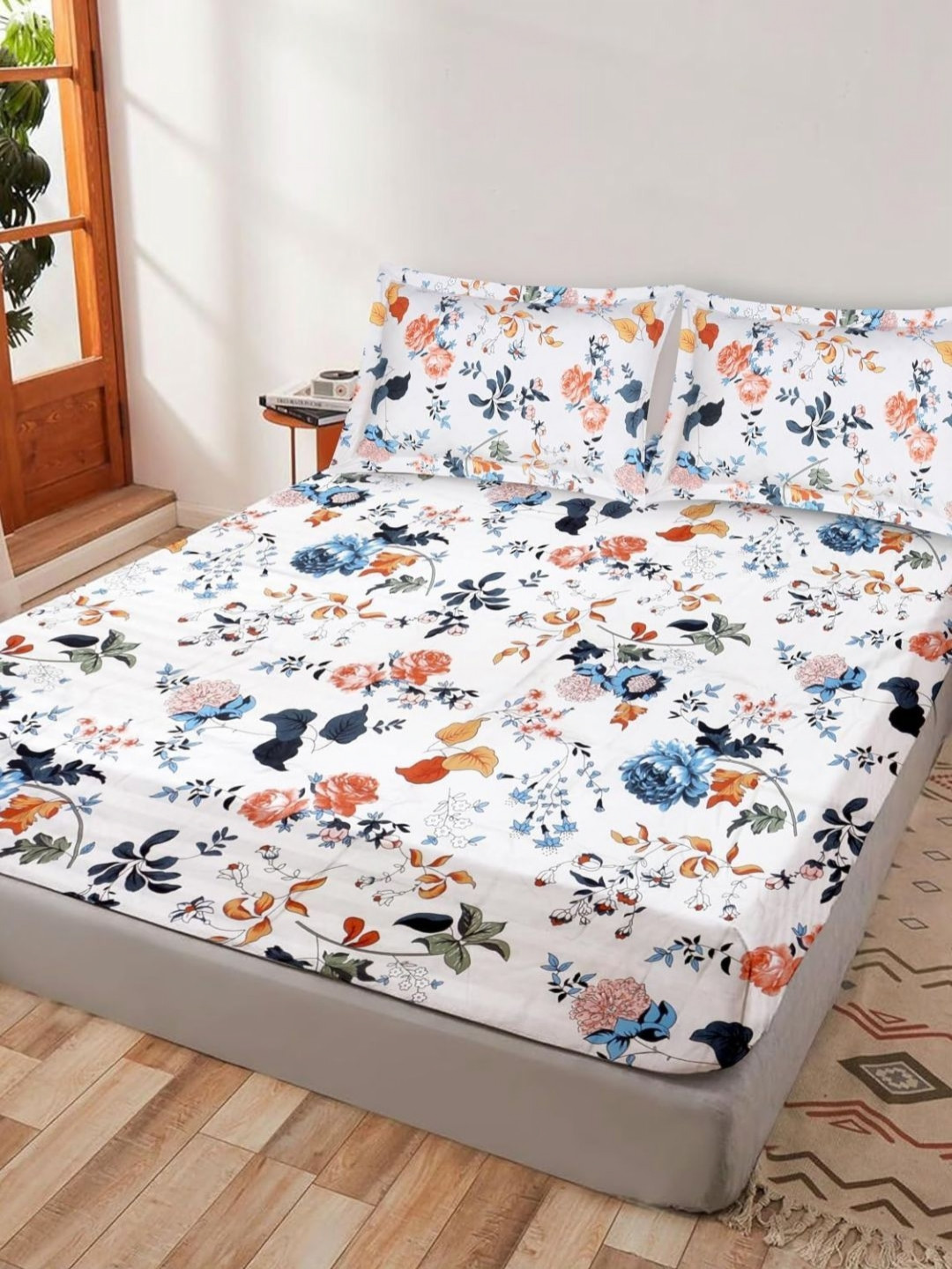 White Floral Cotton 300 TC King Fine Bedsheet with 2 Pillow Covers-104 x 104 inches