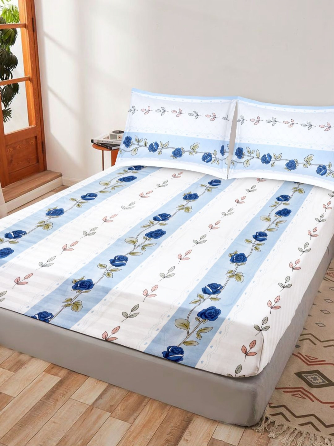 White Floral Cotton 300 TC King Fine Bedsheet with 2 Pillow Covers-98 x 89 inches