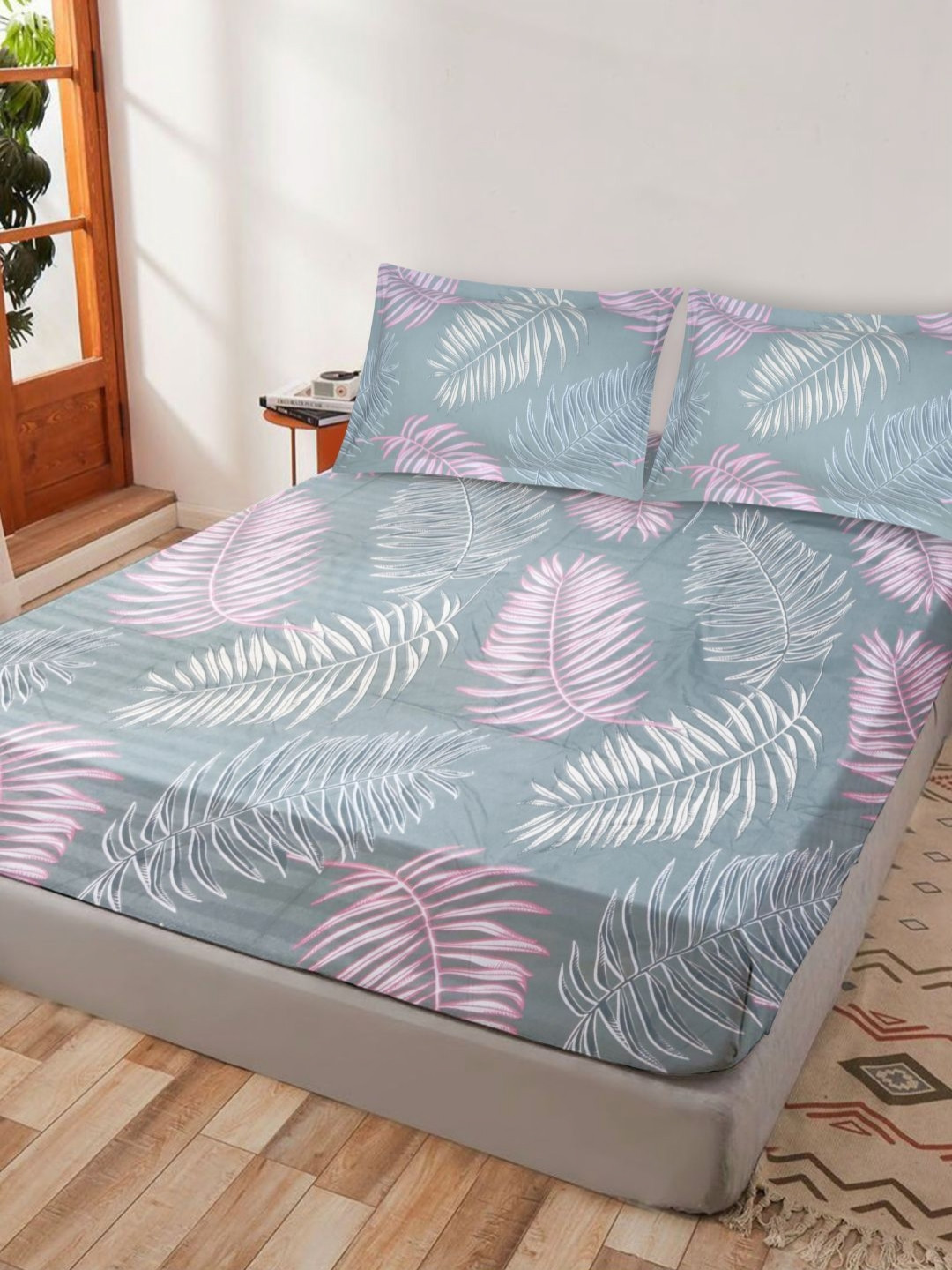 Pixel Grey Leaf Cotton 300 TC King Fine Bedsheet with 2 Pillow Covers-91 x 87 inches