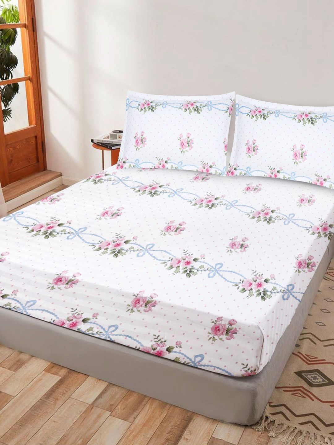White Floral Cotton 300 TC King Fine Bedsheet with 2 Pillow Covers-91 x 87 inches