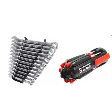 Hand Tool Kit | 12 Pcs Combination Wrench Set with 8 in 1 Multi Screwdriver & LED Torch