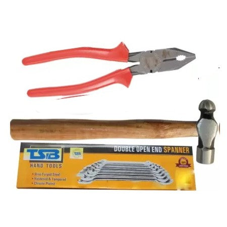 Hand Tool Kit Combo | Claw Hammer Wooden Handle, 8 Pcs Spanner Set & Combination Plier with Joint Cutter