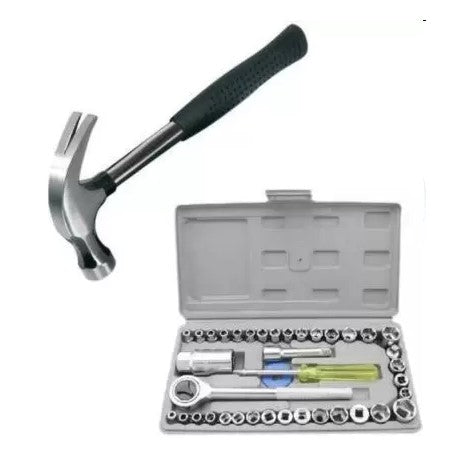 Hand Tool Kit | 40 Pcs Socket Set with Claw Steel Hammer Rubber Grip Combo for Repair Work