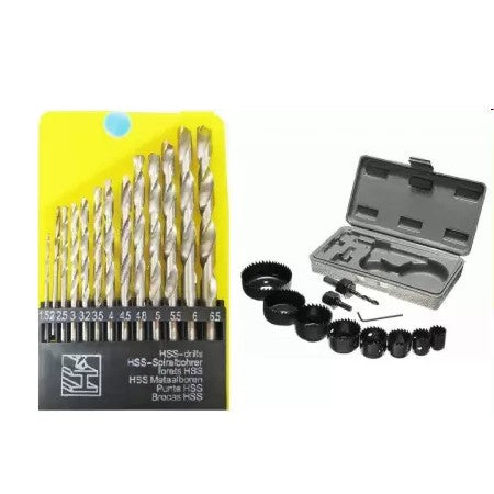 Drill Bit & Hole Saw Kit | 11 Pcs Metal Alloy Wood Hole Saw Set with 13 Pcs HSS, Wood & Masonry Drill Bits