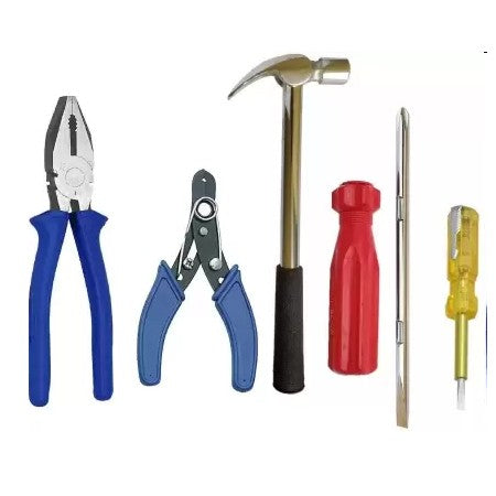 Combo of 5 Hand Tools - Combination Plier with Joint Cutter + Wire Cutter and Stripper+ Claw Hammer Steel + 2 in 1 Screwdriver + Line Tester