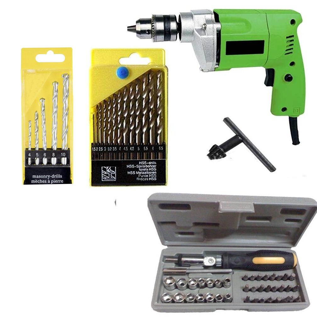 Powerful Drill Machine 10mm with 13 HSS Bits 5 Masonry Bits and 41 pcs Screwdriver Toolkit